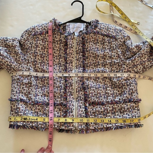 Carolina Belle Tweed Jacket Women Size Medium Cropped Blazer Multi Zip Up Fringe - Picture 9 of 10